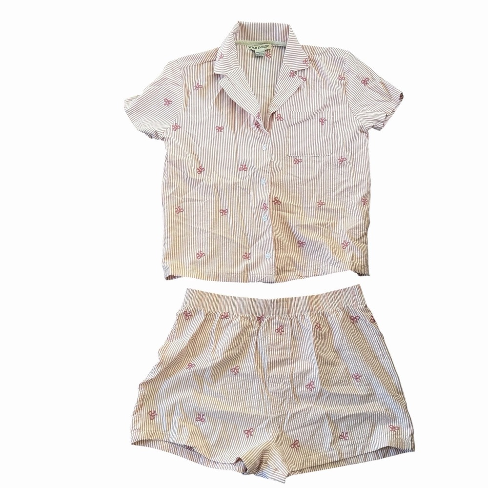 Wild Indigo Pajama 2 Piece S/M SET Shorts Top Lounge Wear Striped Bows Coquette
